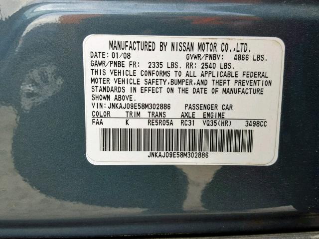 JNKAJ09E58M302886 - 2008 INFINITI EX35 BASE GRAY photo 10