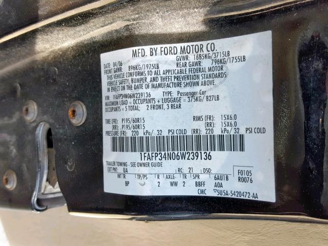 1FAFP34N06W239136 - 2006 FORD FOCUS ZX4 BLACK photo 10