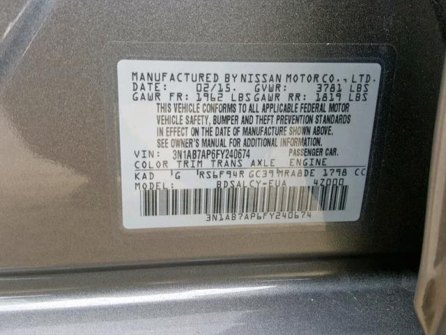 3N1AB7AP6FY240674 - 2015 NISSAN SENTRA S GRAY photo 10