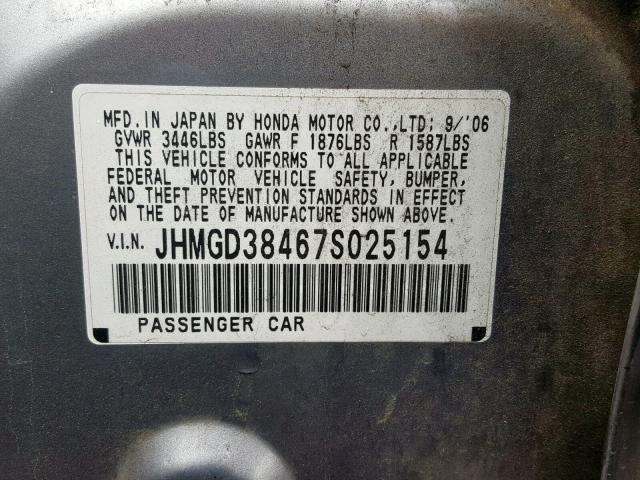 JHMGD38467S025154 - 2007 HONDA FIT SILVER photo 10