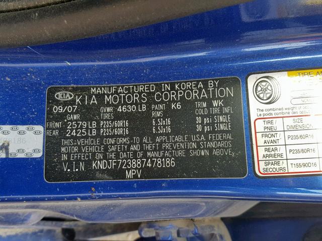 KNDJF723887478186 - 2008 KIA SPORTAGE E BLUE photo 10