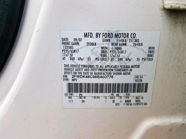 2FMDK48C98BA03776 - 2008 FORD EDGE SEL WHITE photo 10