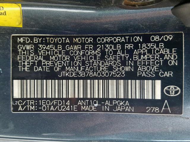 JTKDE3B78A0307523 - 2010 TOYOTA SCION TC GRAY photo 10