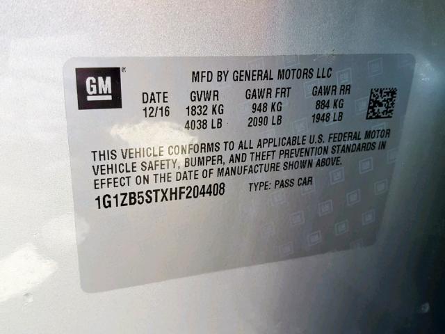 1G1ZB5STXHF204408 - 2017 CHEVROLET MALIBU LS ვერცხლისფერი ფოტო 10