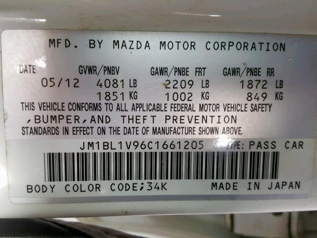 JM1BL1V96C1661205 - 2012 MAZDA 3 S WHITE photo 10