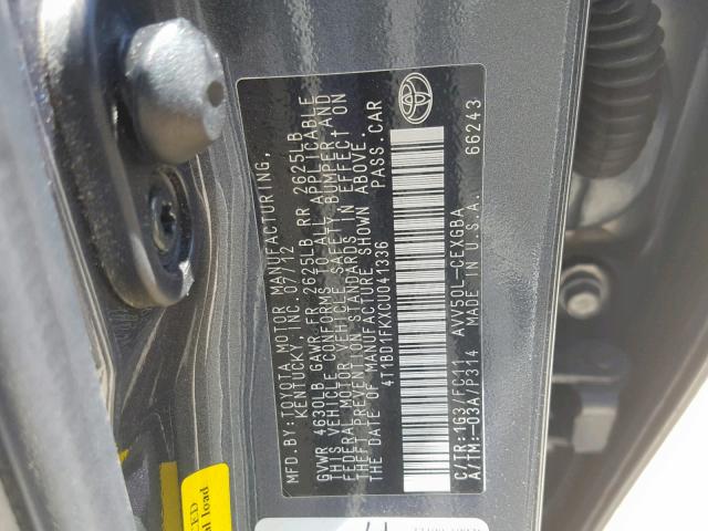 4T1BD1FKXCU041336 - 2012 TOYOTA CAMRY HYBR CHARCOAL photo 10