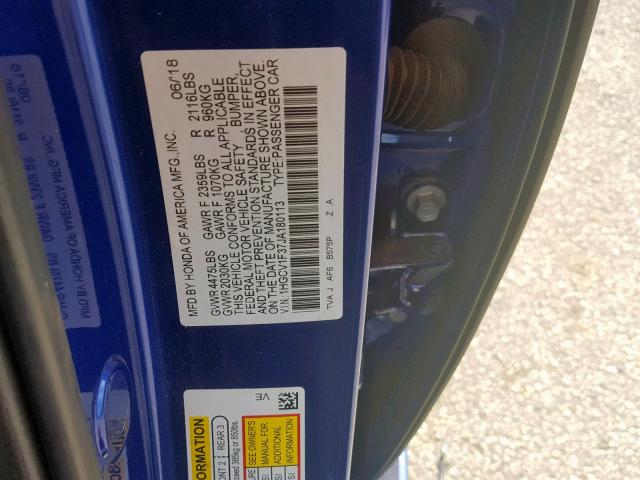 1HGCV1F37JA180113 - 2018 HONDA ACCORD SPO BLUE photo 10