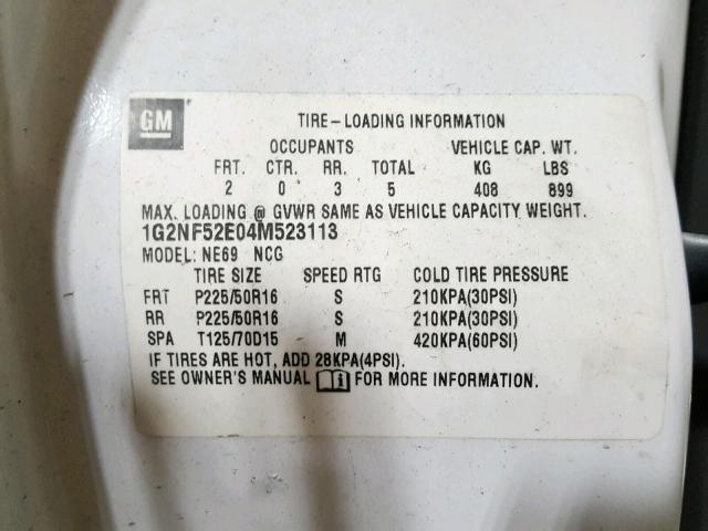 1G2NF52E04M523113 - 2004 PONTIAC GRAND AM S WHITE photo 10