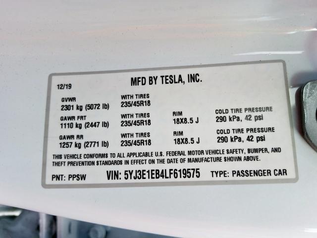 5YJ3E1EB4LF619575 - 2020 TESLA MODEL 3  photo 10