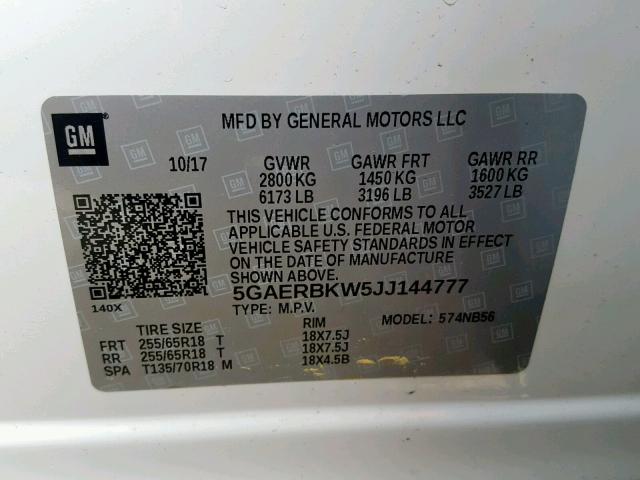 5GAERBKW5JJ144777 - 2018 BUICK ENCLAVE ES WHITE photo 10