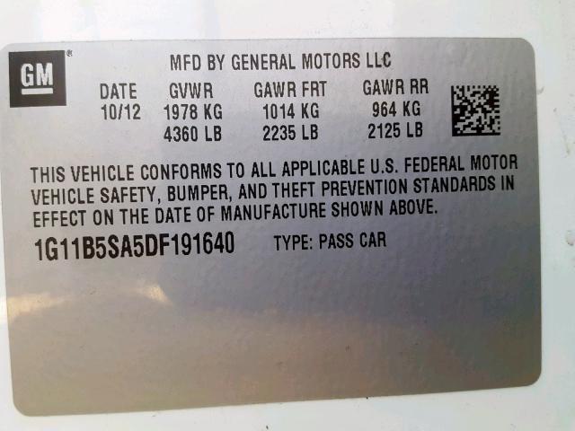 1G11B5SA5DF191640 - 2013 CHEVROLET MALIBU LS WHITE photo 10