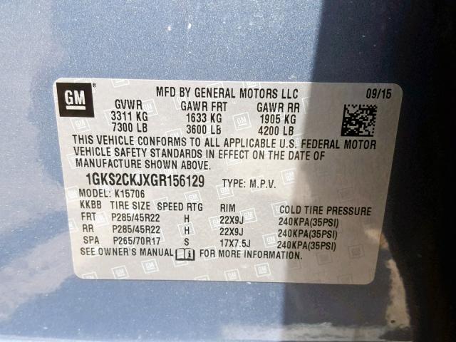 1GKS2CKJXGR156129 - 2016 GMC YUKON DENA BLUE photo 10