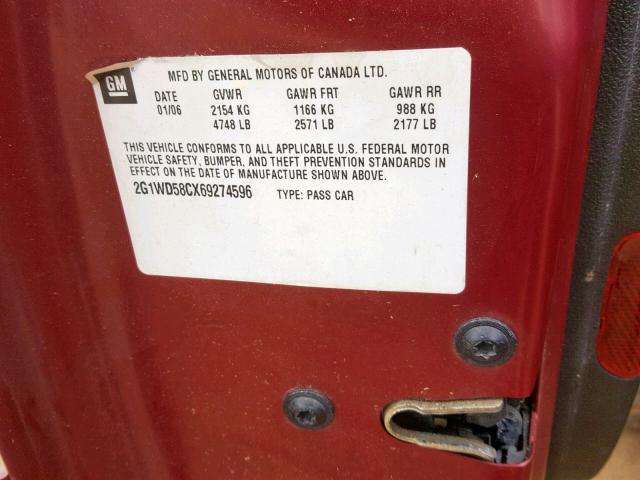 2G1WD58CX69274596 - 2006 CHEVROLET IMPALA SUP Бордовый фото 10