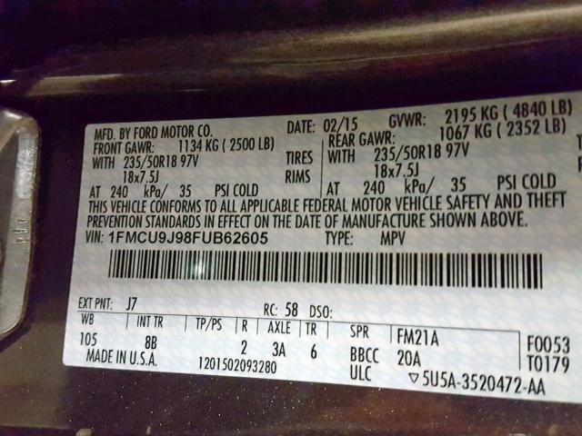 1FMCU9J98FUB62605 - 2015 FORD ESCAPE TIT GRAY photo 10