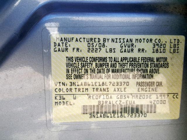 3N1AB61E18L723370 - 2008 NISSAN SENTRA 2.0 SILVER photo 10