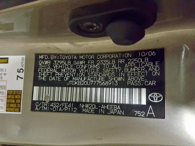 JTDKB20U777568913 - 2007 TOYOTA PRIUS GOLD photo 10