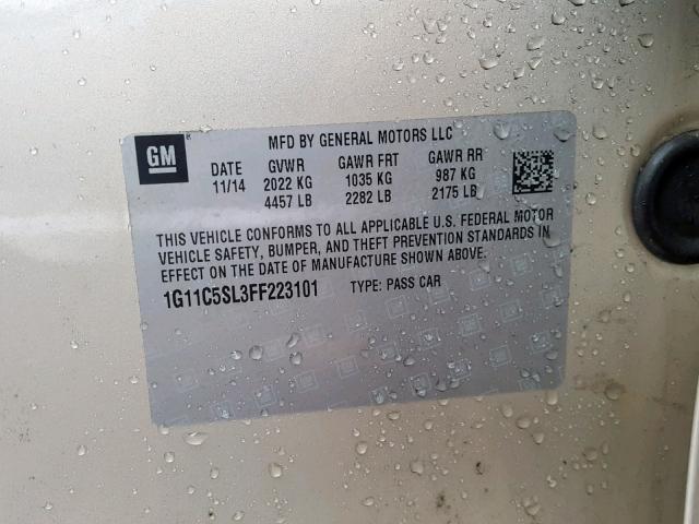 1G11C5SL3FF223101 - 2015 CHEVROLET MALIBU 1LT 金色 照片 10