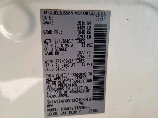 5N1AT2MTXEC806599 - 2014 NISSAN ROGUE S WHITE photo 10