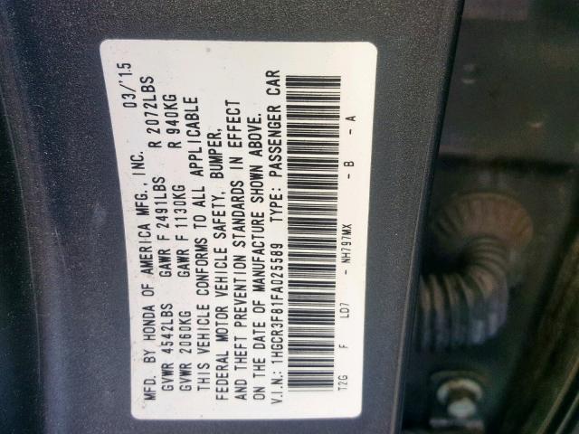 1HGCR3F81FA025589 - 2015 HONDA ACCORD EXL GRAY photo 10