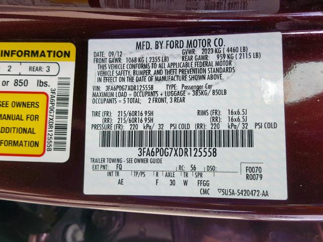 3FA6P0G7XDR125558 - 2013 FORD FUSION S BURGUNDY photo 10