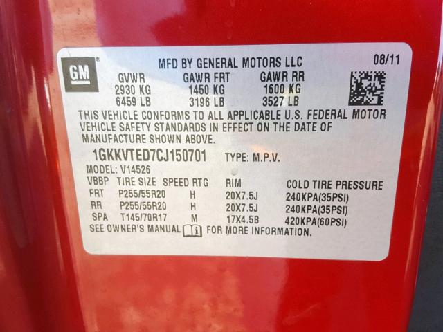 1GKKVTED7CJ150701 - 2012 GMC ACADIA DEN RED photo 10