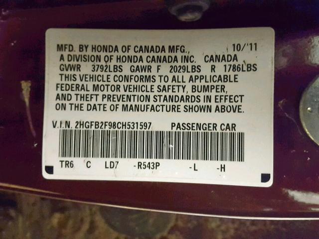 2HGFB2F98CH531597 - 2012 HONDA CIVIC EXL BURGUNDY photo 10