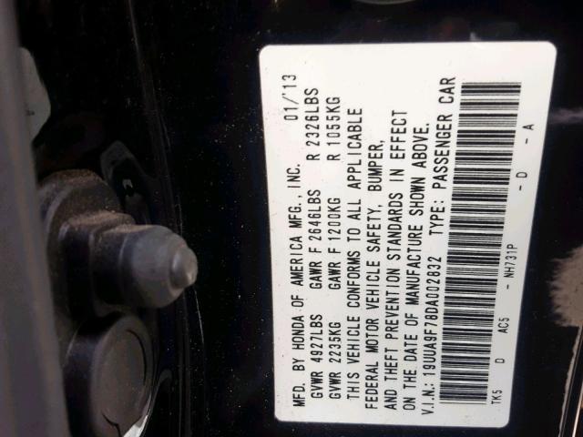 19UUA9F78DA002832 - 2013 ACURA TL ADVANCE BLACK photo 10