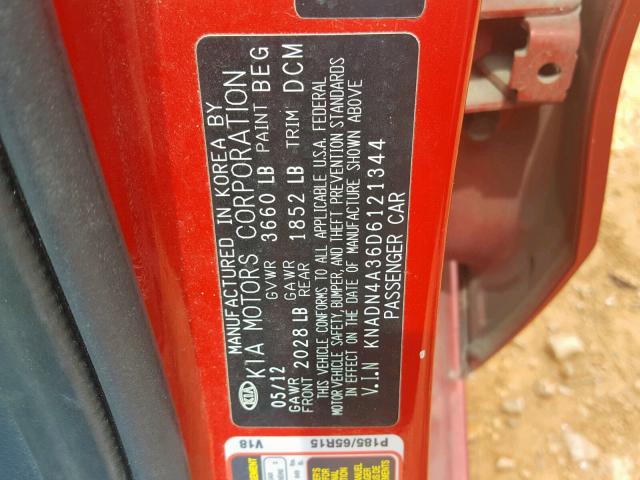 KNADN4A36D6121344 - 2013 KIA RIO EX RED photo 10