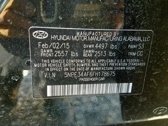 5NPE34AF6FH178675 - 2015 HYUNDAI SONATA SPO BLACK photo 10