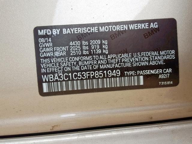 WBA3C1C53FP851949 - 2015 BMW 328 I SULE GOLD photo 10