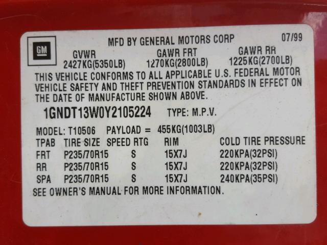 1GNDT13W0Y2105224 - 2000 CHEVROLET BLAZER RED photo 10