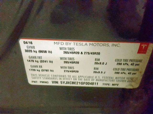 5YJXCBE21GF004811 - 2016 TESLA MODEL X GRAY photo 10