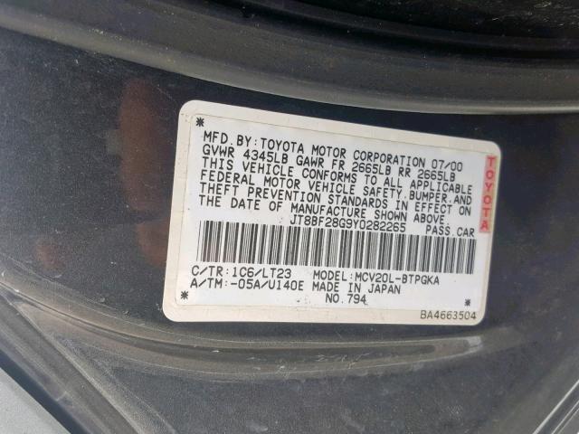 JT8BF28G9Y0282265 - 2000 LEXUS ES 300 GRAY photo 10