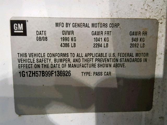 1G1ZH57B99F136926 - 2009 CHEVROLET MALIBU 1LT WHITE photo 10