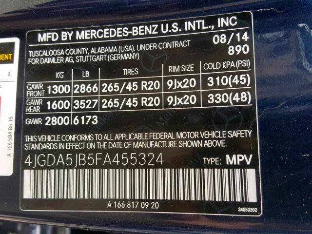 4JGDA5JB5FA455324 - 2015 MERCEDES-BENZ ML 350 BLUE photo 10