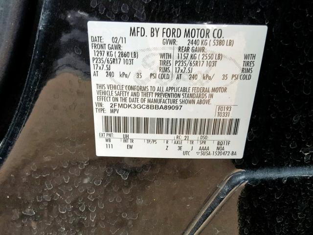 2FMDK3GC8BBA89097 - 2011 FORD EDGE SE BLACK photo 10