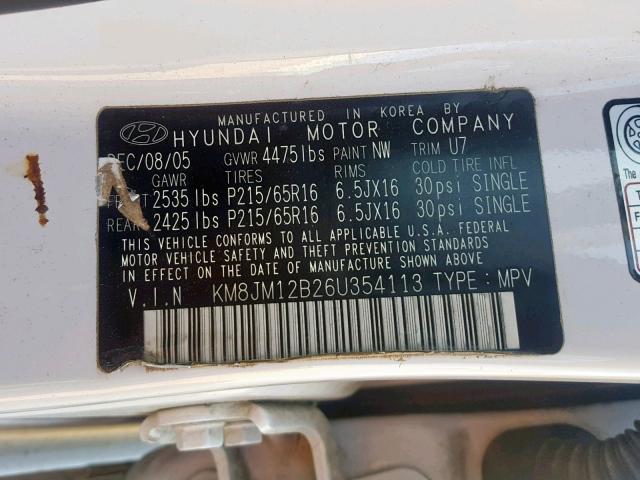 KM8JM12B26U354113 - 2006 HYUNDAI TUCSON GL WHITE photo 10