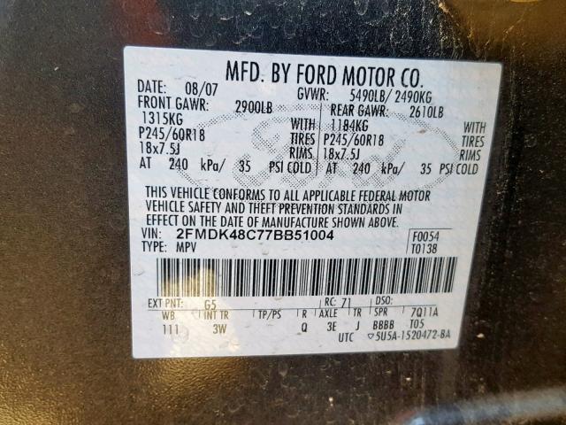 2FMDK48C77BB51004 - 2007 FORD EDGE SEL BLACK photo 10