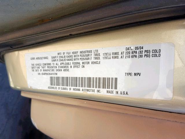 4S4BP86C854310798 - 2005 SUBARU LEGACY OUT TAN photo 10