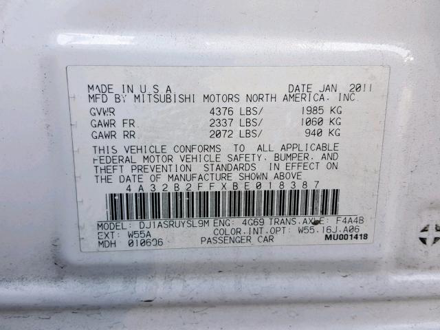 4A32B2FFXBE018387 - 2011 MITSUBISHI GALANT FE WHITE photo 10