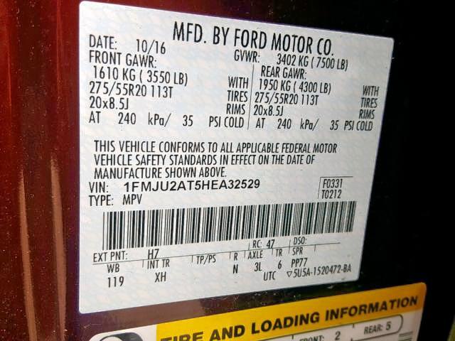 1FMJU2AT5HEA32529 - 2017 FORD EXPEDITION BROWN photo 10