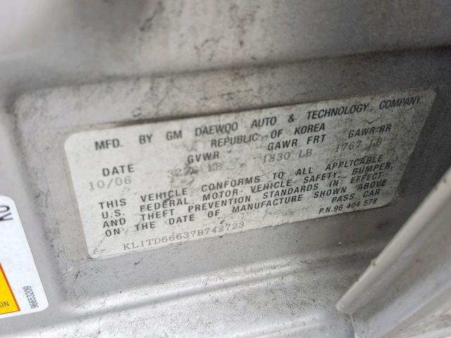 KL1TD66637B742723 - 2007 CHEVROLET AVEO BASE ვერცხლისფერი ფოტო 10