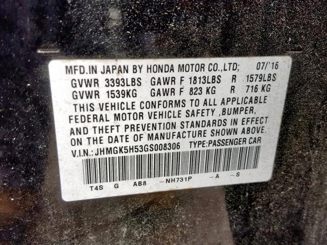 JHMGK5H53GS008306 - 2016 HONDA FIT LX BLACK photo 10