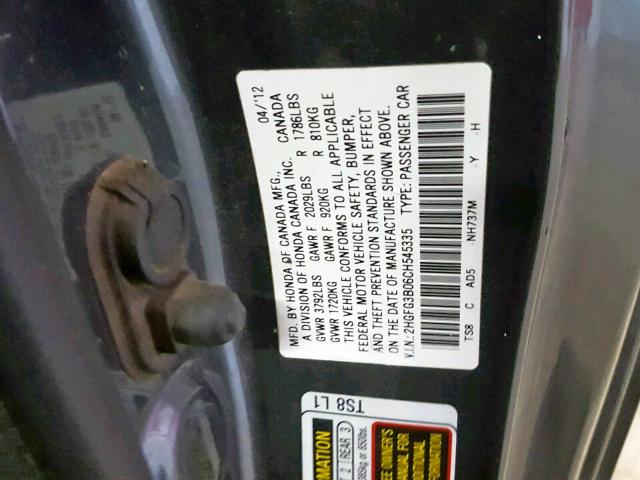 2HGFG3B06CH545335 - 2012 HONDA CIVIC EXL CHARCOAL photo 10