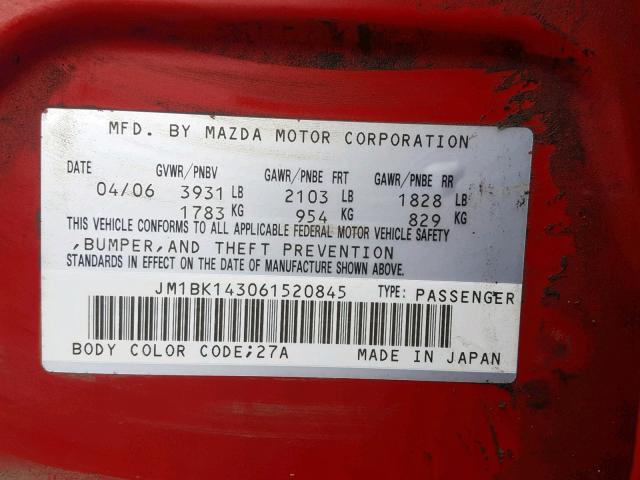 JM1BK143061520845 - 2006 MAZDA 3 HATCHBAC RED photo 10