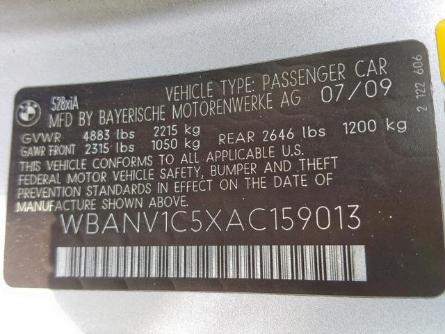 WBANV1C5XAC159013 - 2010 BMW 528 XI SILVER photo 10