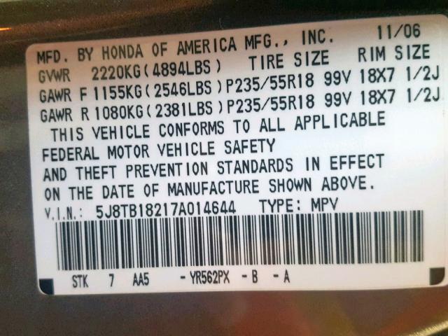 5J8TB18217A014644 - 2007 ACURA RDX GRAY photo 10