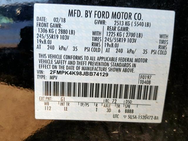 2FMPK4K98JBB74129 - 2018 FORD EDGE TITAN BLACK photo 10