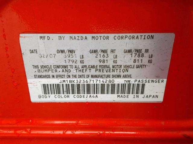 JM1BK323671714280 - 2007 MAZDA 3 S RED photo 10