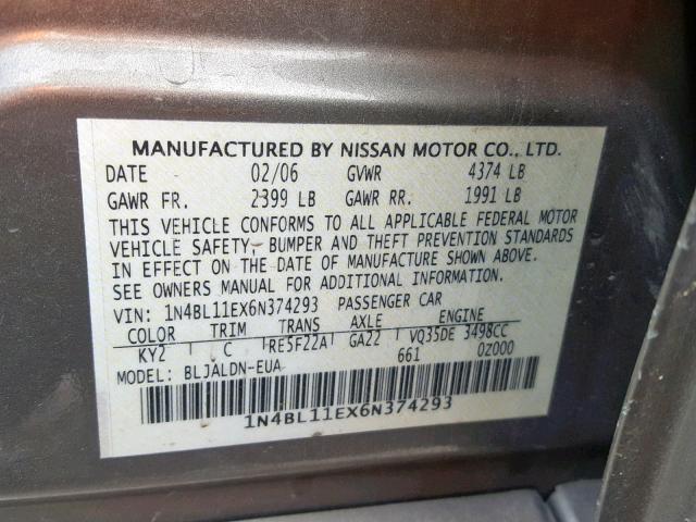 1N4BL11EX6N374293 - 2006 NISSAN ALTIMA SE GRAY photo 10